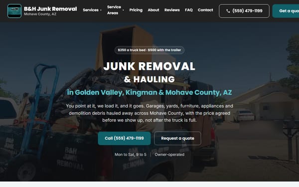 Homepage of the website GOT built for B&H Junk Removal in Golden Valley, Arizona