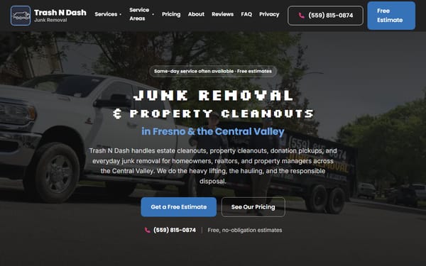 Homepage of trashndash.org, the website GOT built for Trash N Dash, serving Fresno and the Central Valley